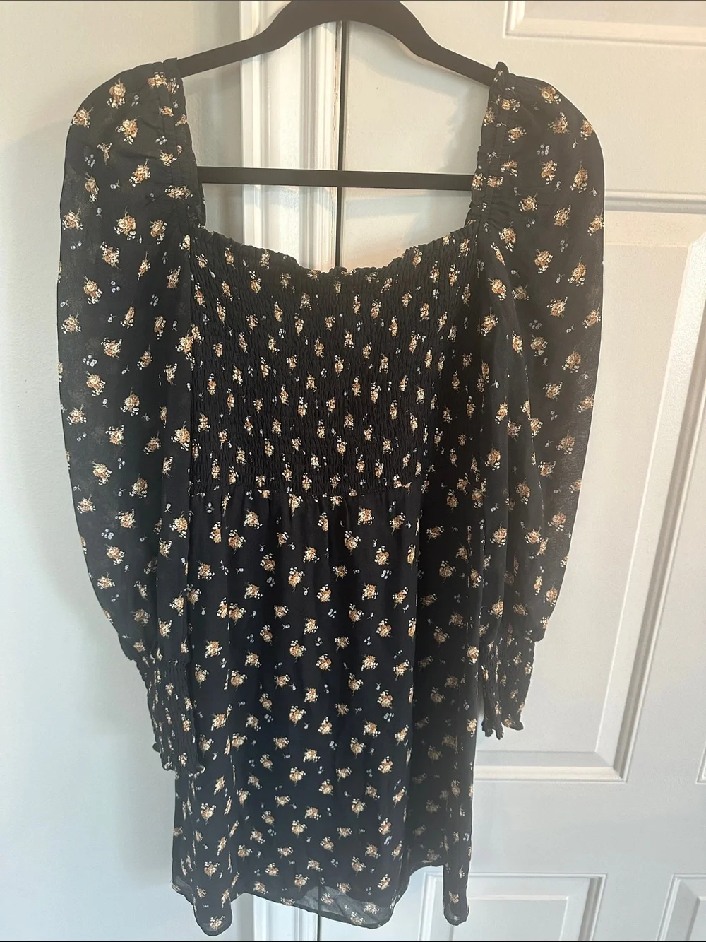 Maje Black Floral Mini Dress with Puff Sleeves
